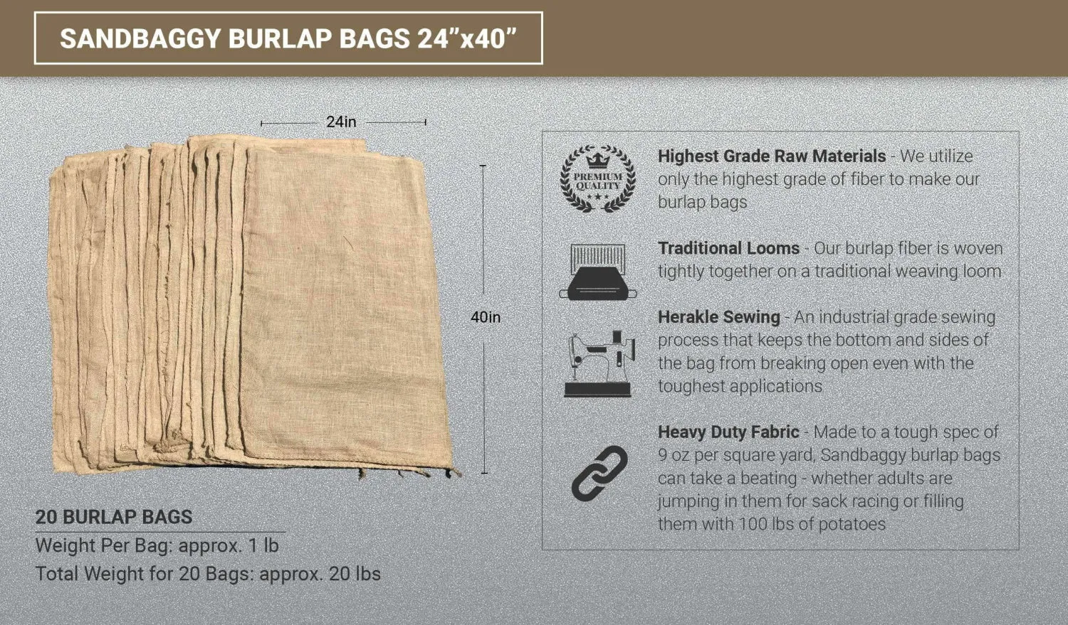 24" x 40" Burlap Sack (150 Lb Capacity) - Food Grade