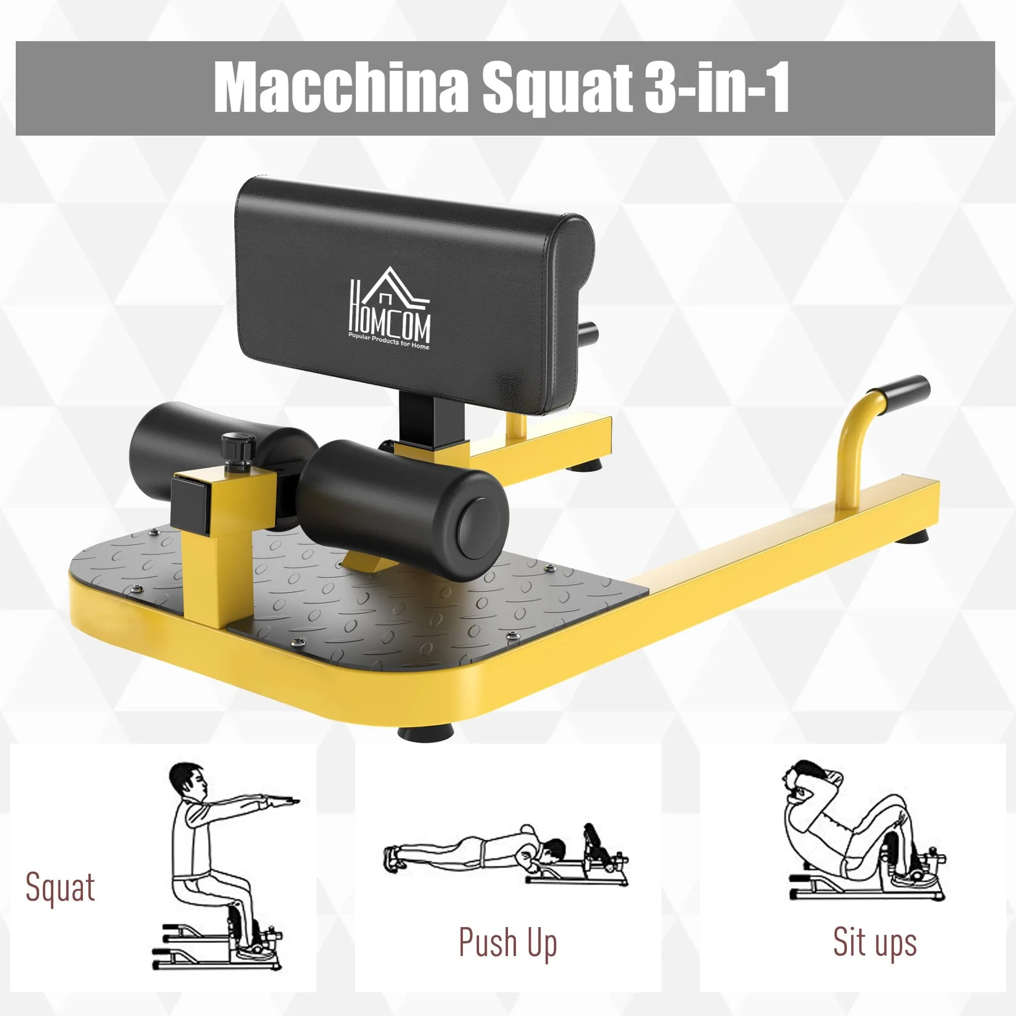 3-in-1 Padded Push Up Sit Up Deep Sissy Squat Machine Home Gym Work Out Leg Fitness Equipment, Yellow 3 IN 1 Exercise Adjustable