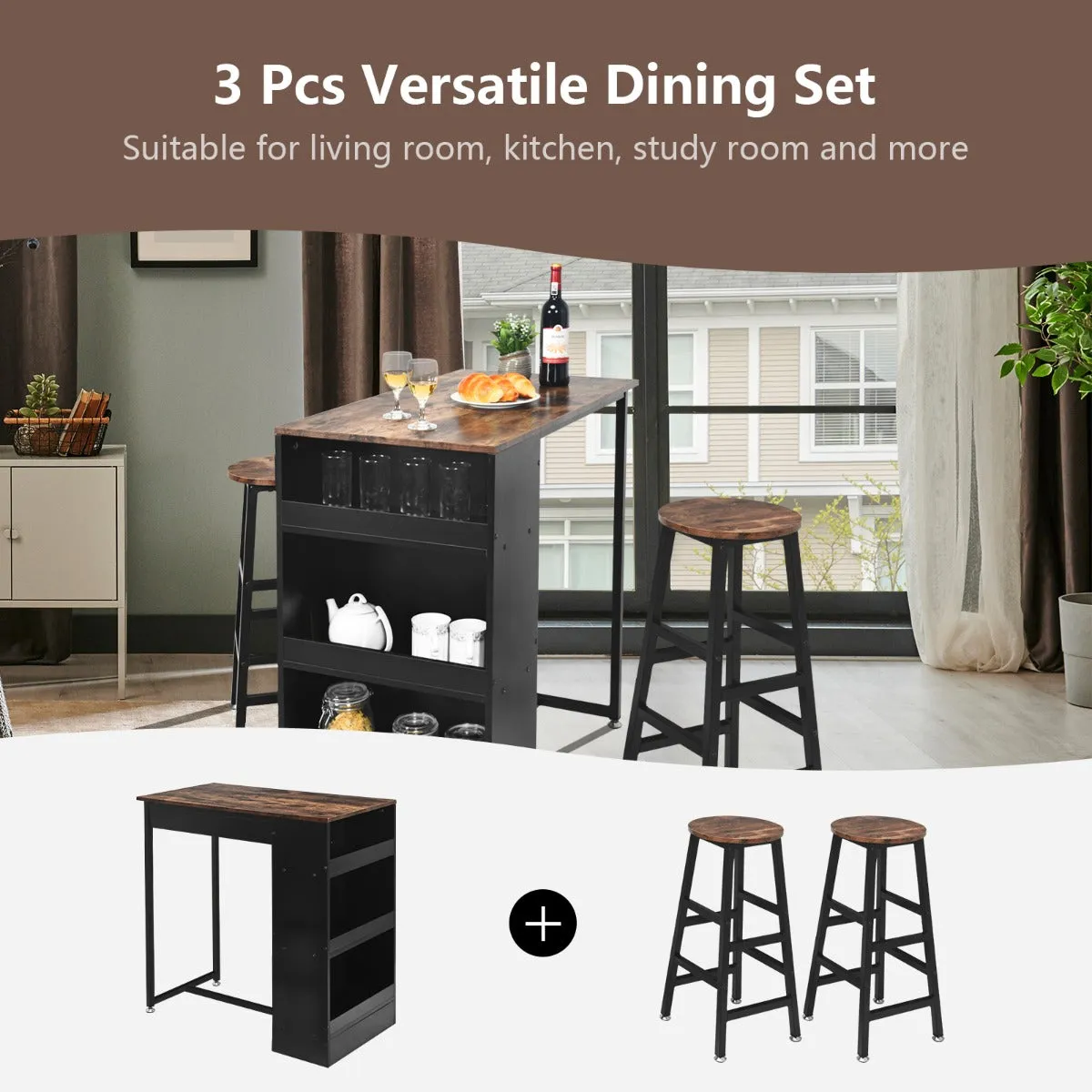 3 Pieces Industrial Kitchen Dining Bar Table Set with 2 Stools