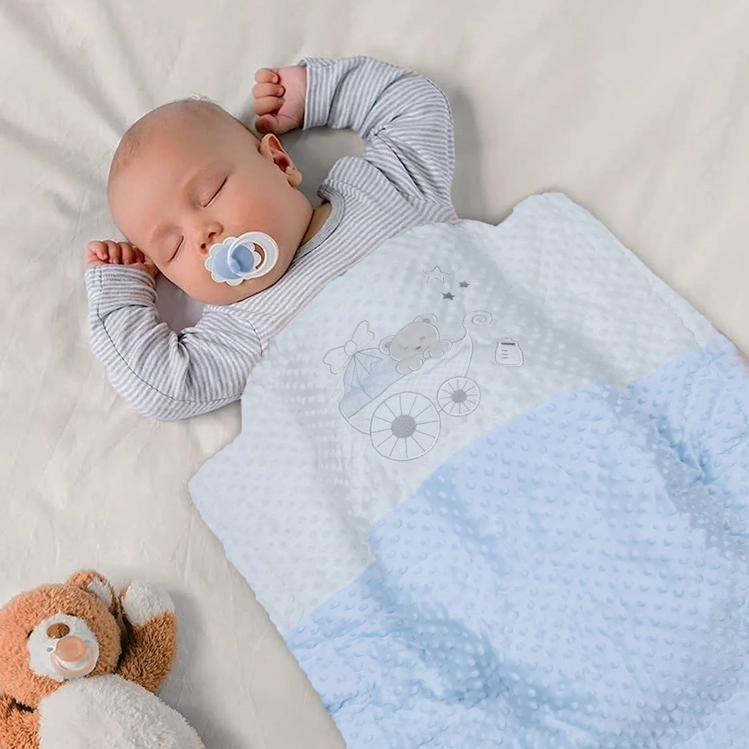 Baby Moo Bear In Pram Snuggly Bubble Blanket - Blue