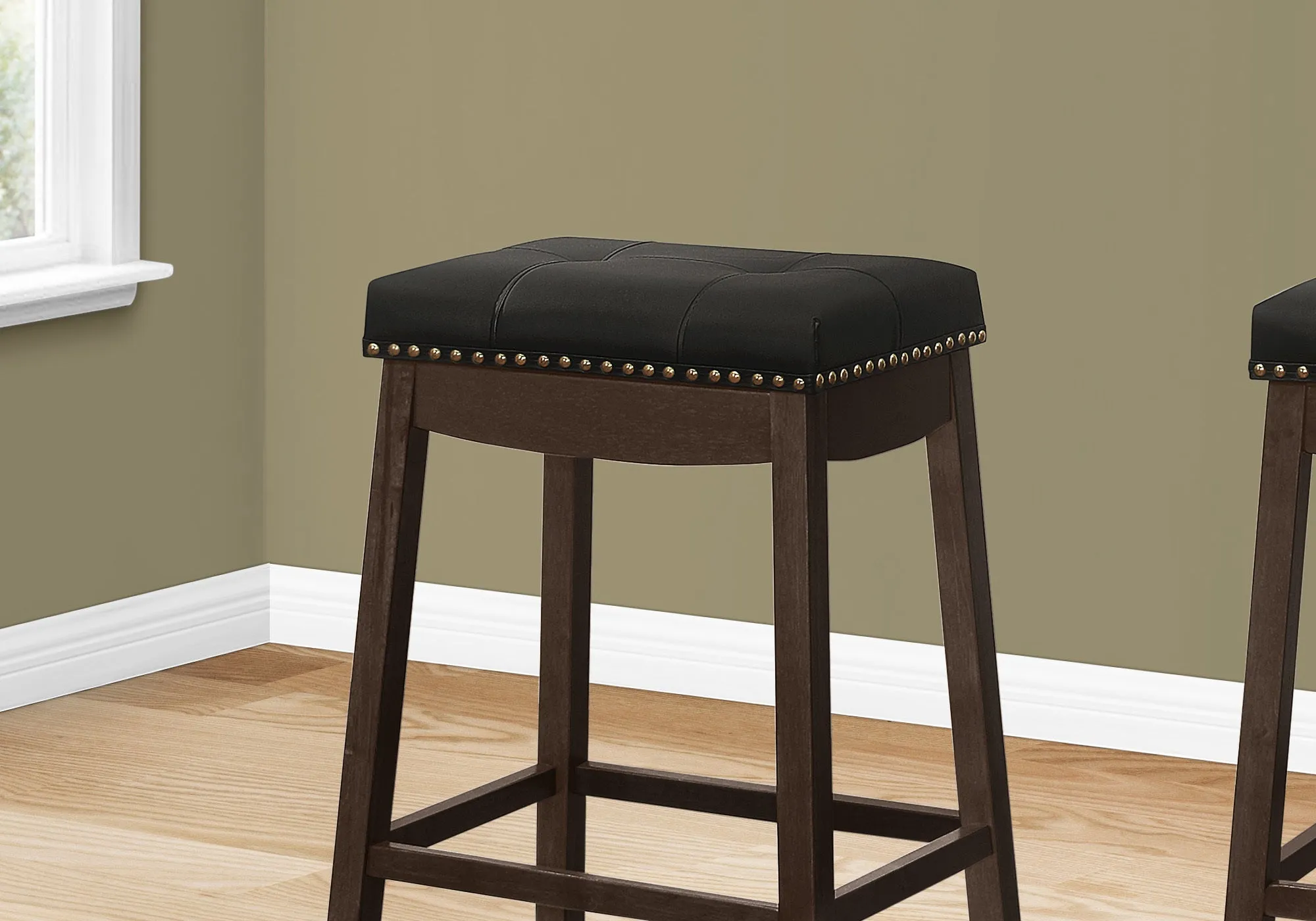 Barstool - 2Pcs / 29"H / Black Leather-Look / Espresso