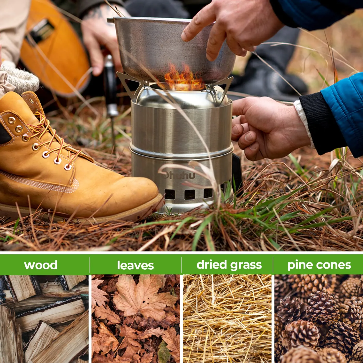 Camp Stove, Ohuhu Camping Stove Wood Burning Stove Stainless Steel Mini Portable Backpacking Survival Stoves for Picnic BBQ Camping Hiking Cooking Emergency with Grill Grid Carry Bag