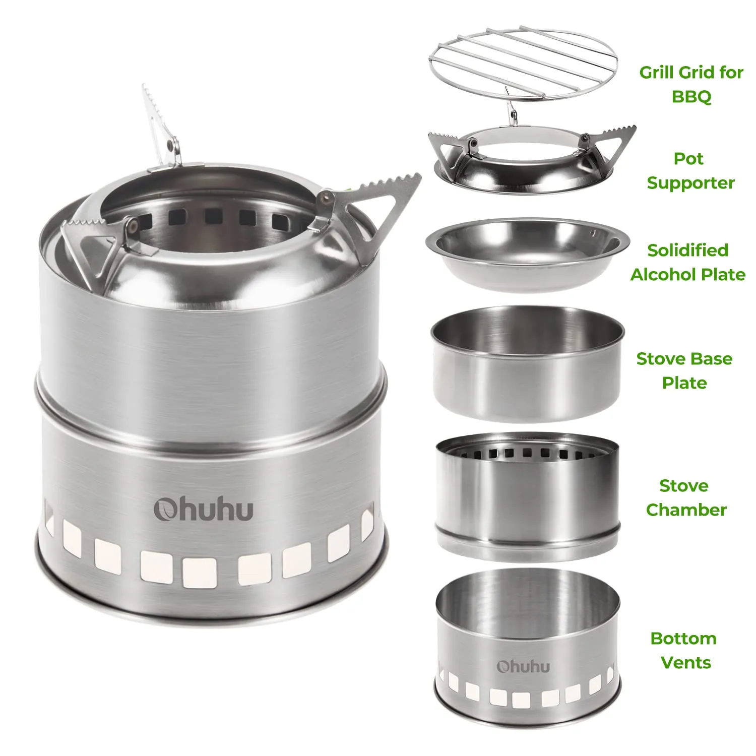 Camp Stove, Ohuhu Camping Stove Wood Burning Stove Stainless Steel Mini Portable Backpacking Survival Stoves for Picnic BBQ Camping Hiking Cooking Emergency with Grill Grid Carry Bag