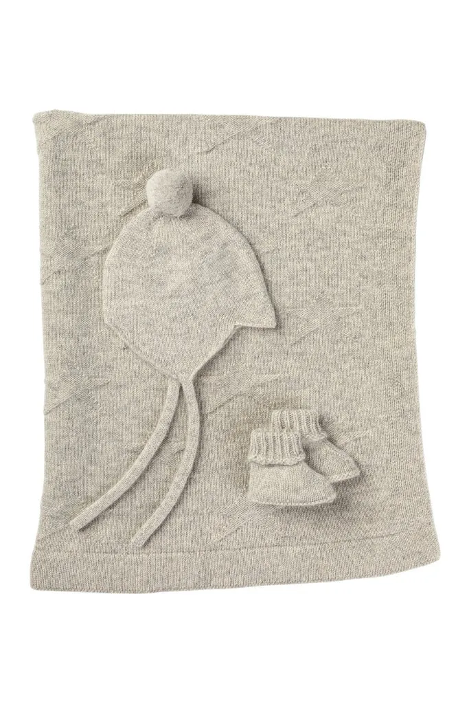 Cashmere Earl Grey 3 Piece Baby Set - Blanket, Booties and Hat