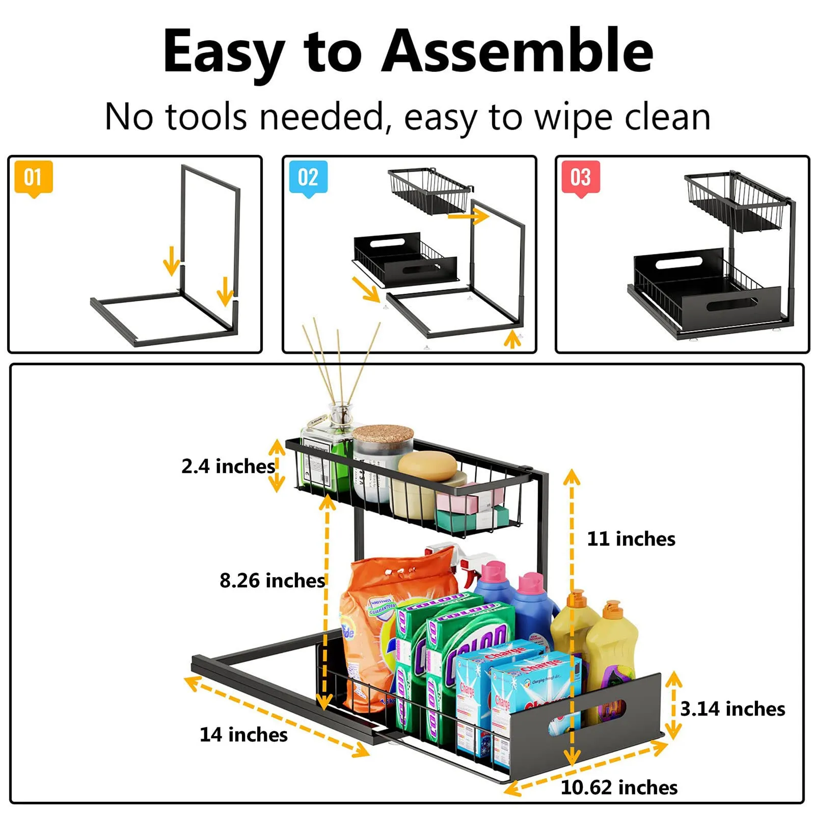 Ceetug Under Sink Organizers and Storage 2 Tier Slide Out Kitchen Cabinet Organizer Sturdy Metal Bathroom Storage (Black, 1 Pack)