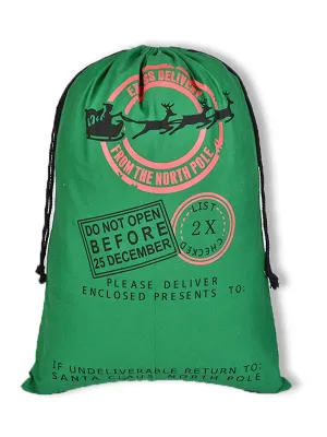 Drawstring Santa Sack, North Pole Santa Sleigh Green