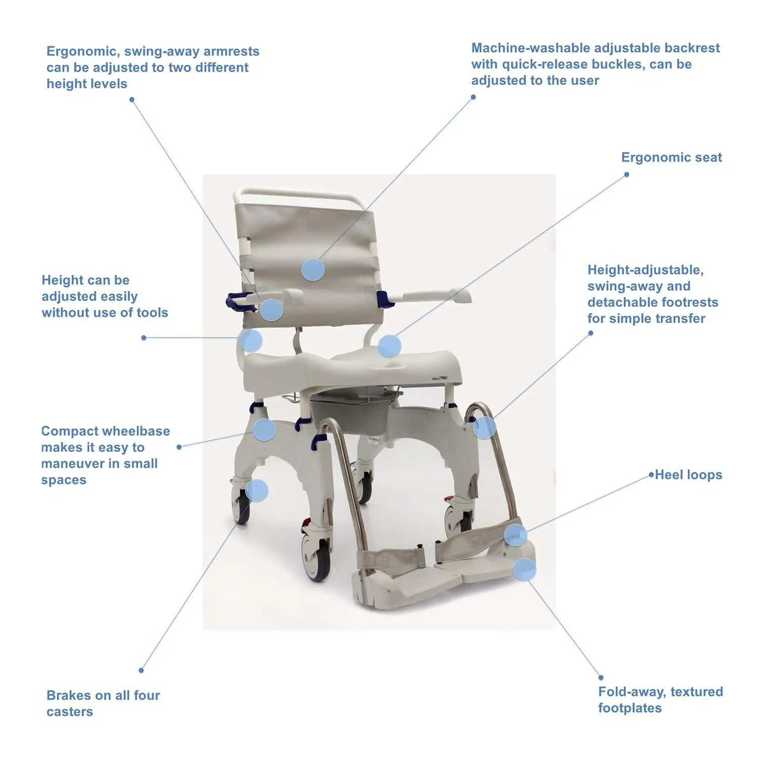 Invacare Aquatec Ocean Ergo Shower Wheelchair, Rolling Shower Chair w/ Self-Propelled or Standard Wheels and Commode