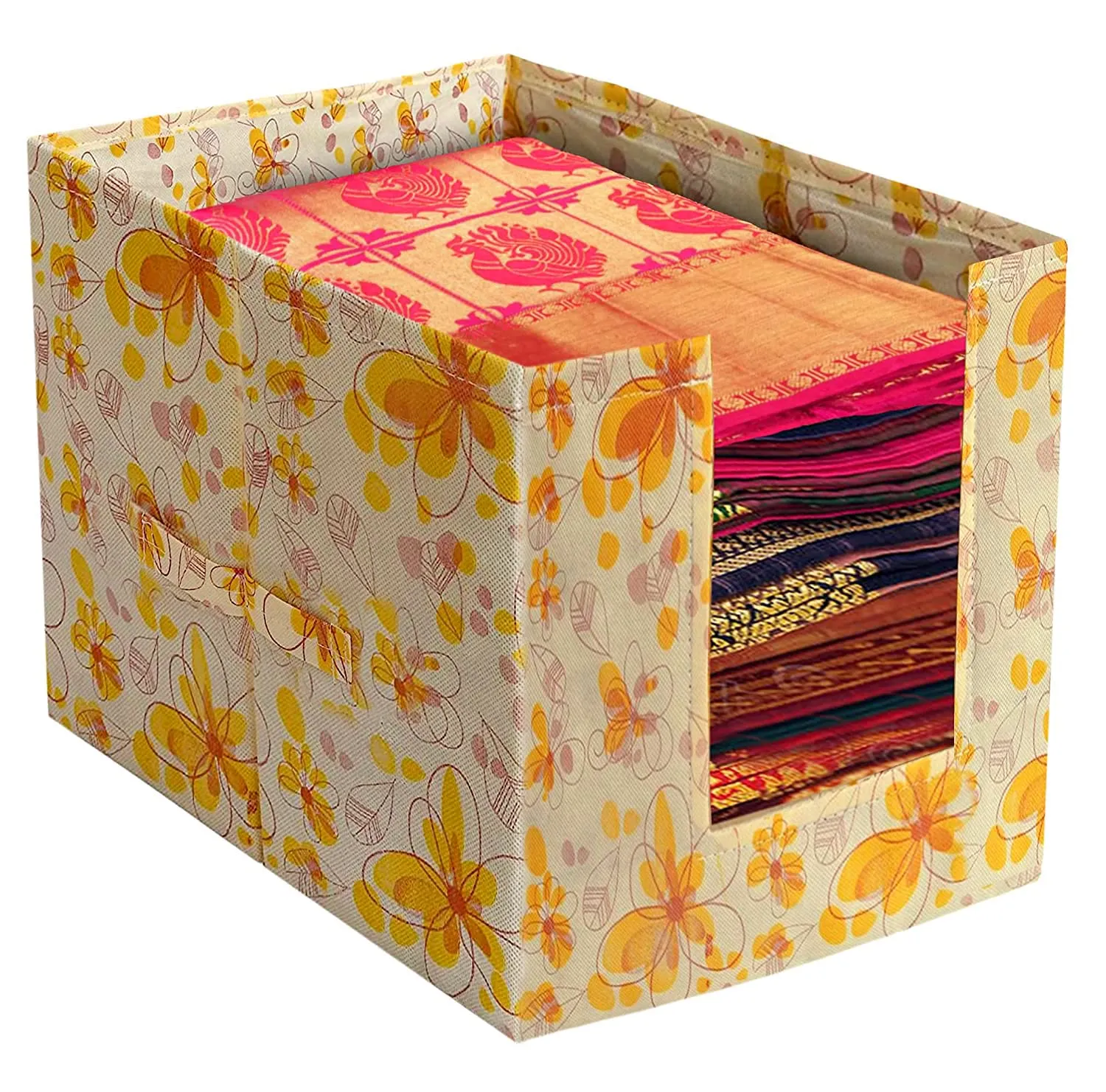 Kuber Industries Flower Printed Multiuses Non-Woven Closet Organizer With Handles- Pack of 3 (Yellow) -HS43KUBMART26481