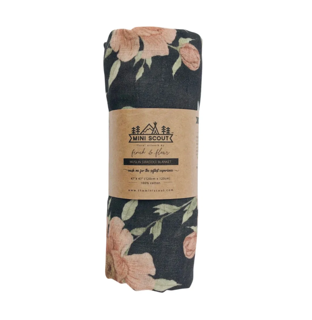 Muslin Swaddle - Charcoal Grey Peony Blooms