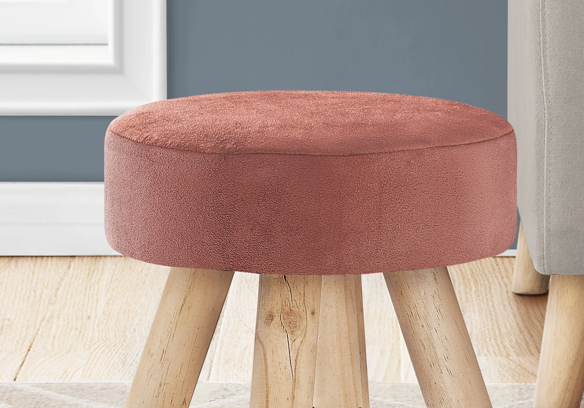 Ottoman - Dark Pink Velvet / Natural Wood Legs