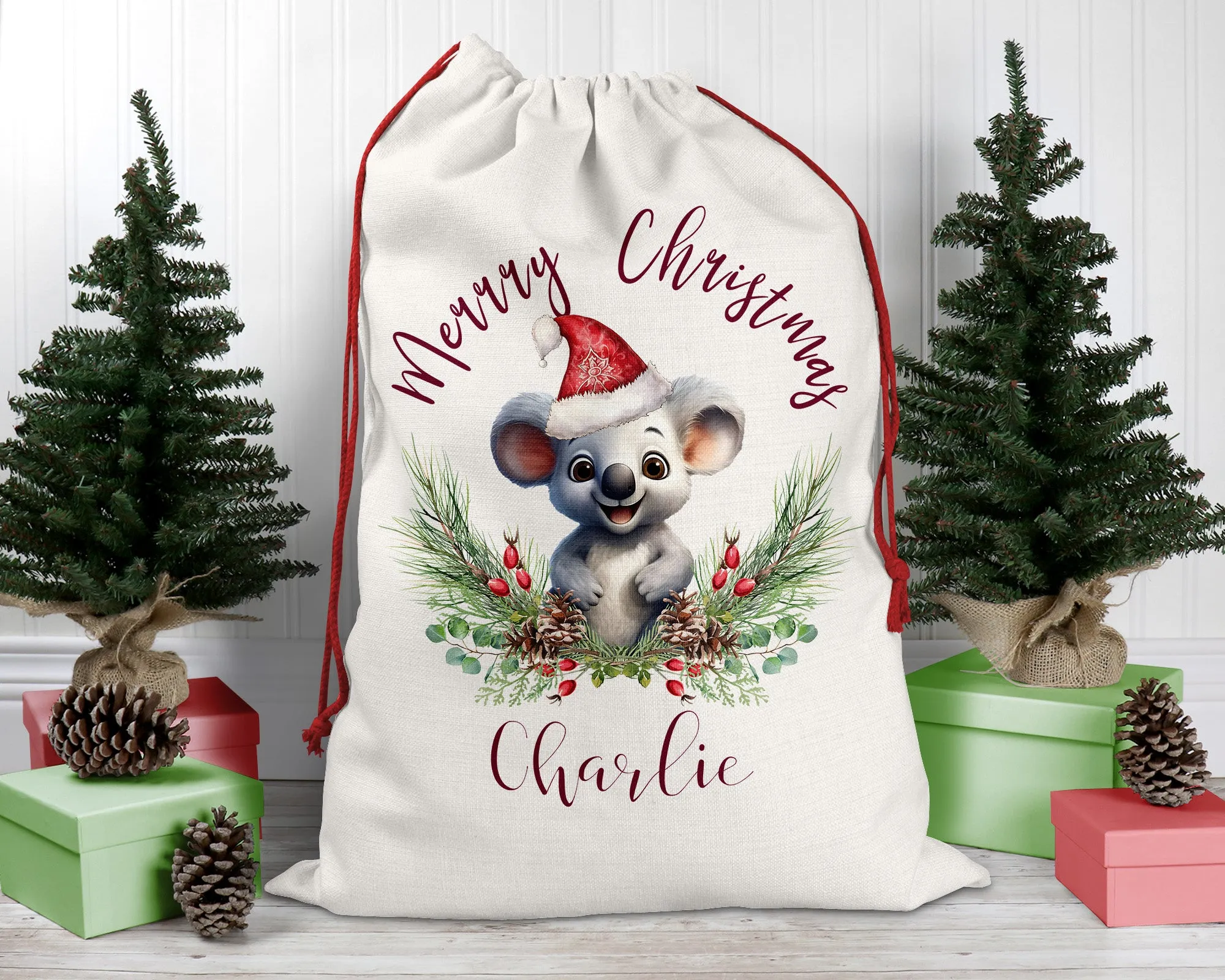 Personalised Santa Sack, Koala, Poinsettia Leaves Linen Bag