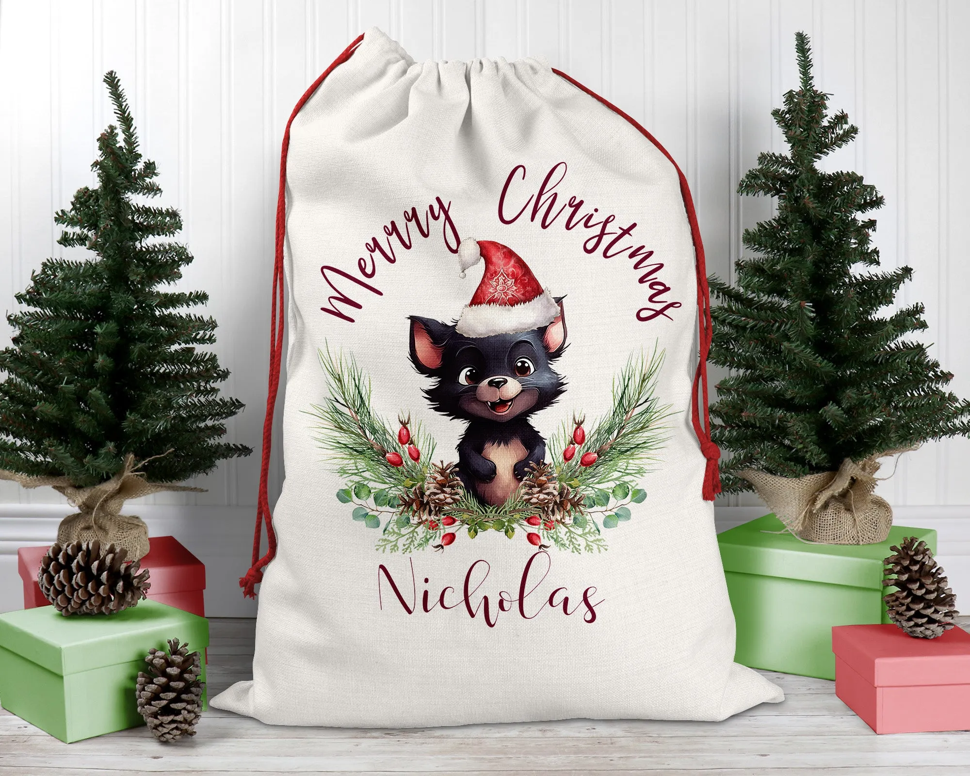 Personalised Santa Sack, Tasmanian Devil, Poinsettia Leaves Linen Bag