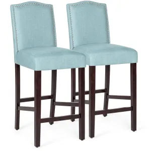 Set of 2 30in Upholstered Counter Height Bar Stools w/ Studded Trim Back