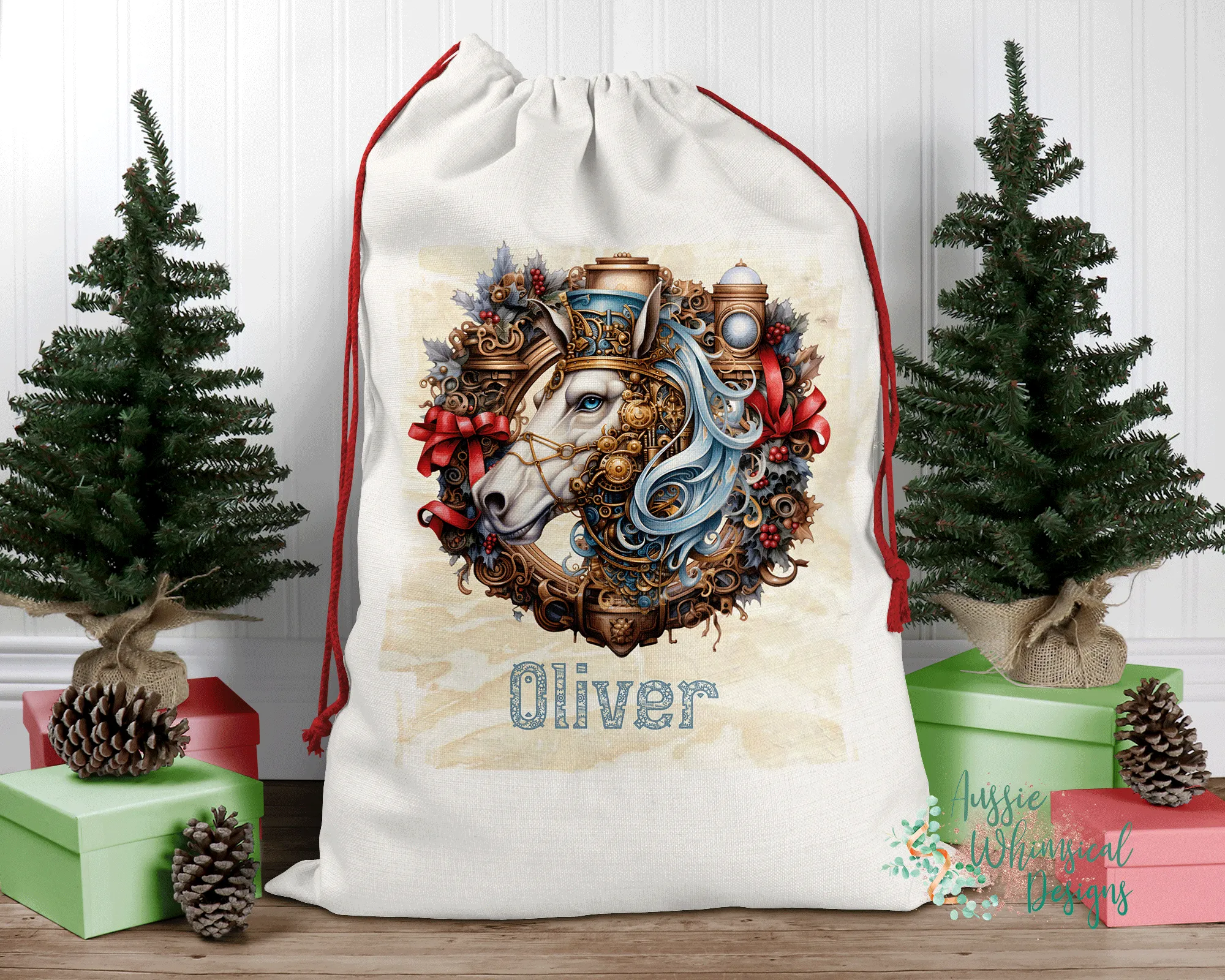 Steampunk Personalised Santa Sack, Horse, Linen Bag