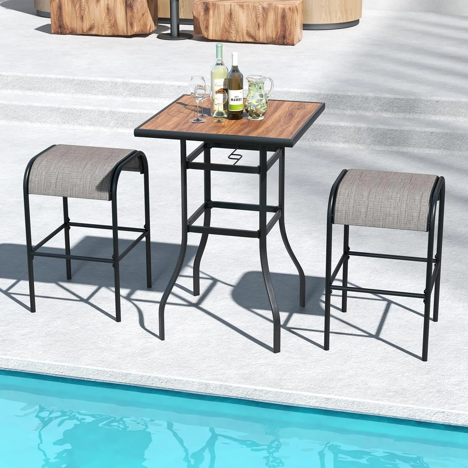 Tangkula 3-Piece Patio Dining Set, Outdoor 27.5" Bar Height Table & 2 30" Barstools w/Umbrella Hole