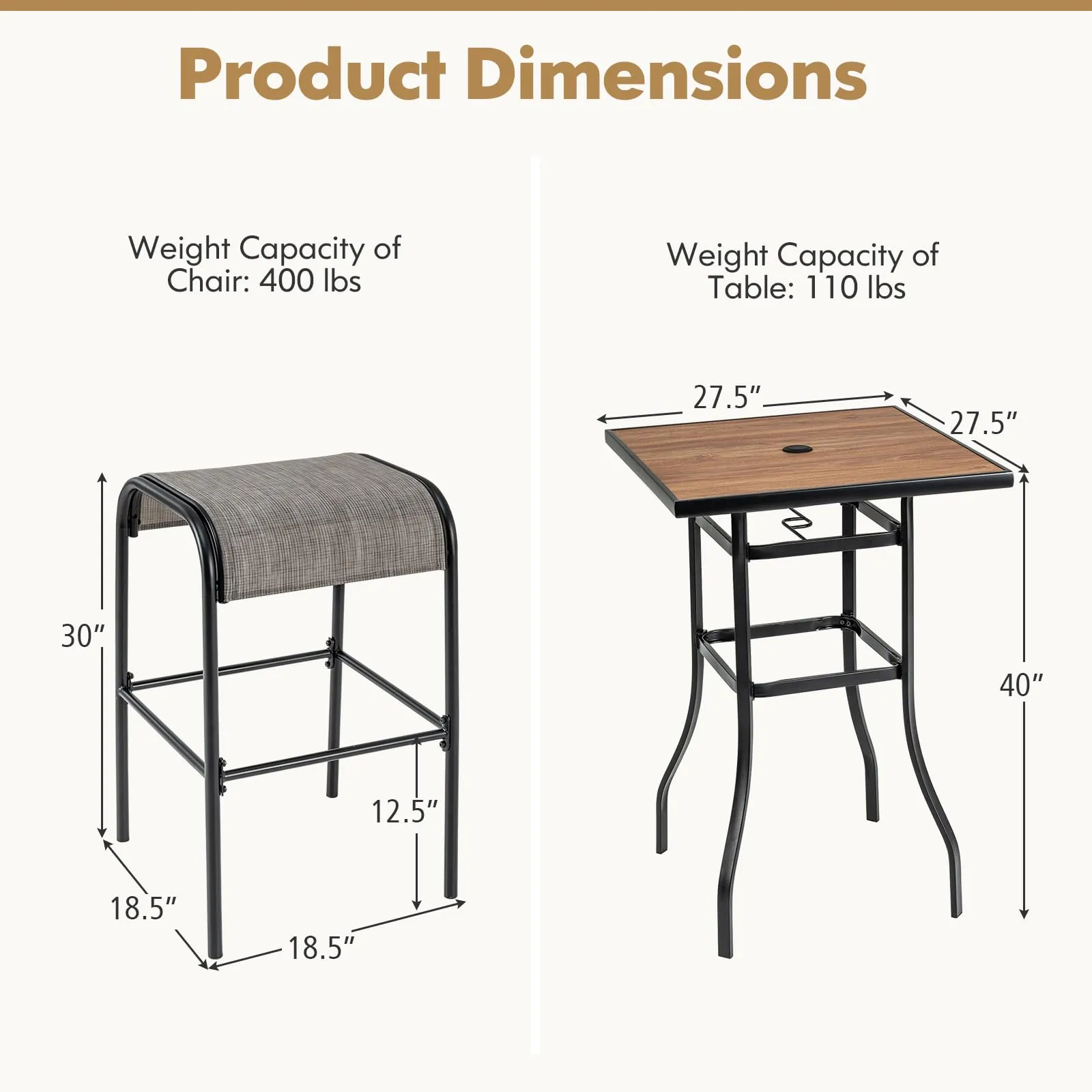 Tangkula 3-Piece Patio Dining Set, Outdoor 27.5" Bar Height Table & 2 30" Barstools w/Umbrella Hole