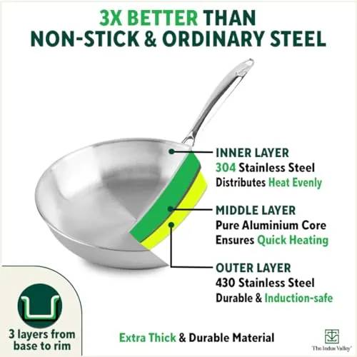 The Indus Valley Triply Stainless Steel Fry Pan with Glass Lid | Large 26cm/10.2 inch, 1.9Ltr, 1.1kg | Induction-Friendly | Nonstick 3-Layer Body, 100% Pure & Toxin-Free