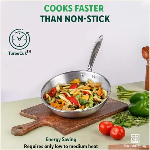 The Indus Valley Triply Stainless Steel Fry Pan with Glass Lid | Large 26cm/10.2 inch, 1.9Ltr, 1.1kg | Induction-Friendly | Nonstick 3-Layer Body, 100% Pure & Toxin-Free