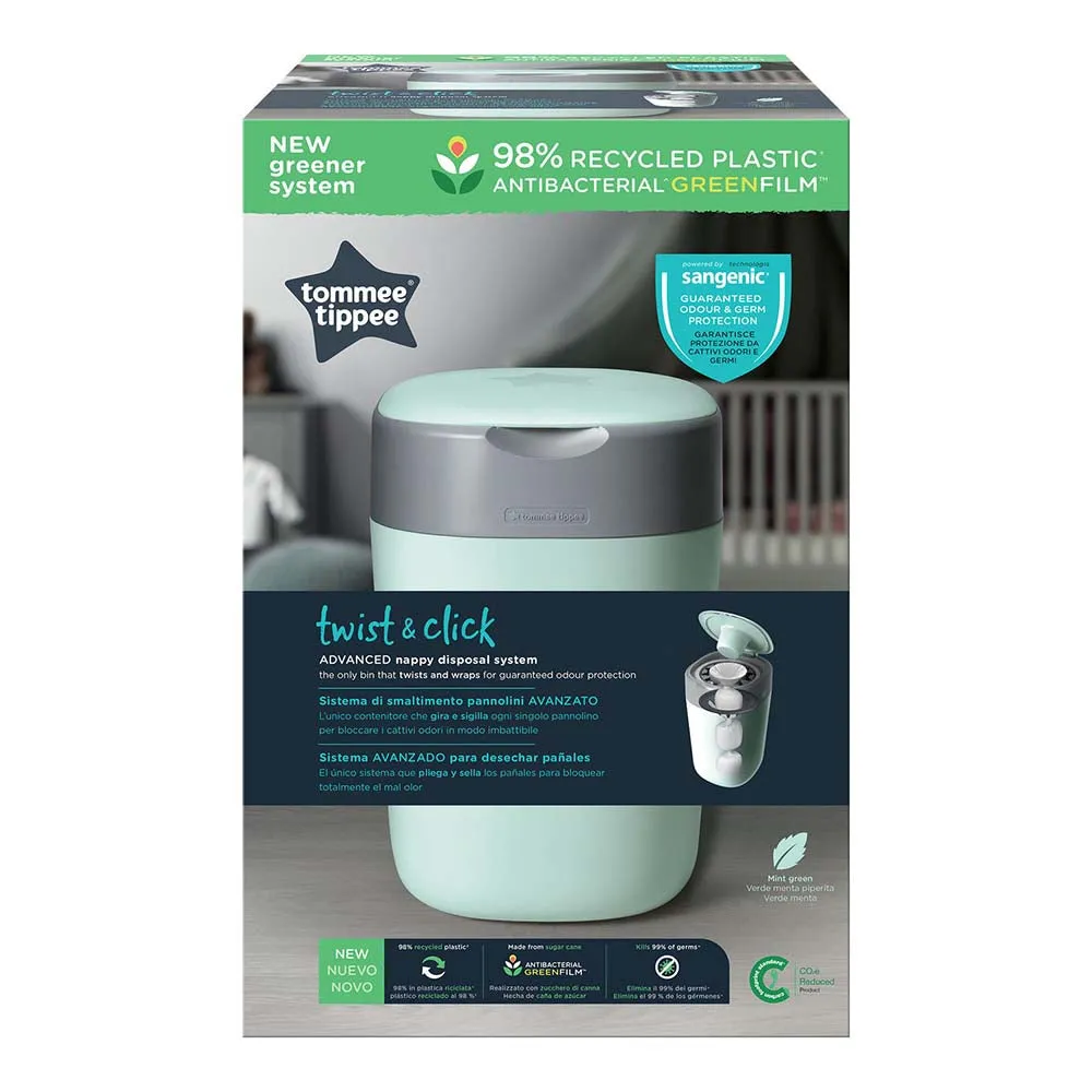 Tommee Tippee Twist and Click Advanced Nappy Bin W/ 1 Refill Cassette (Green)