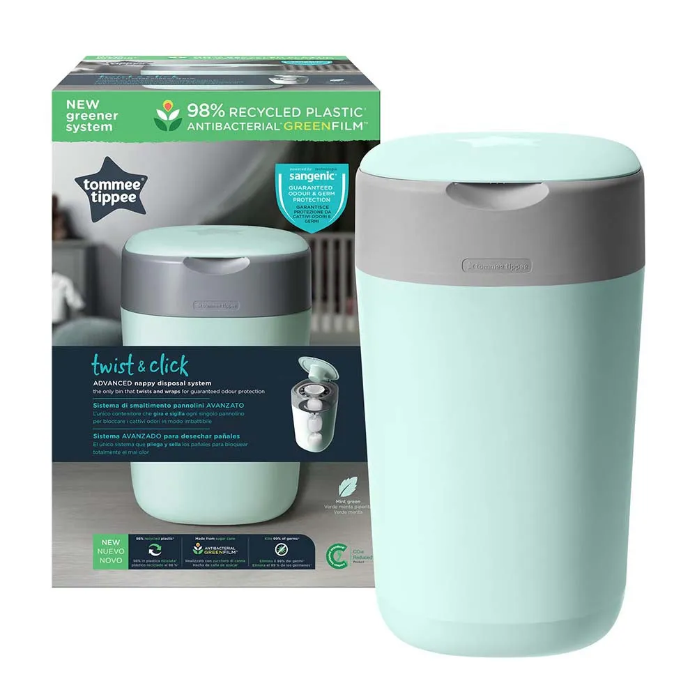 Tommee Tippee Twist and Click Advanced Nappy Bin W/ 1 Refill Cassette (Green)