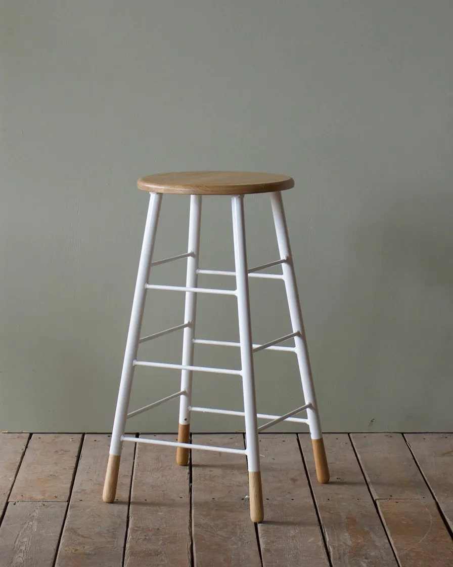 Two Tone Stool Oak with White Metal Legs