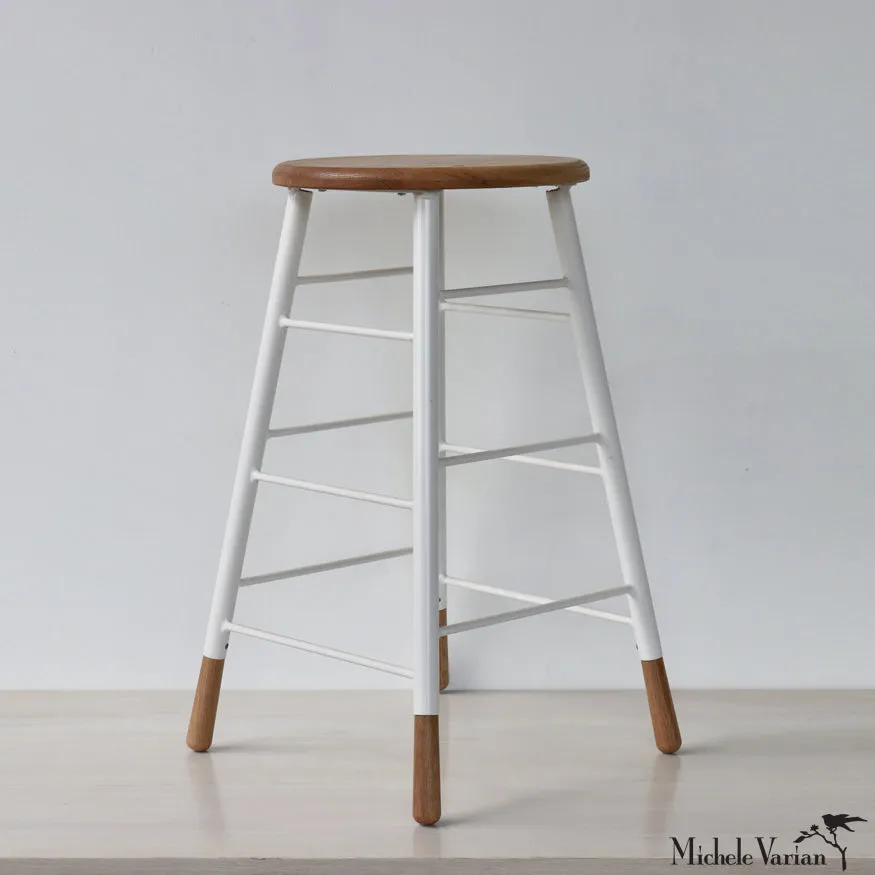 Two Tone Stool Oak with White Metal Legs